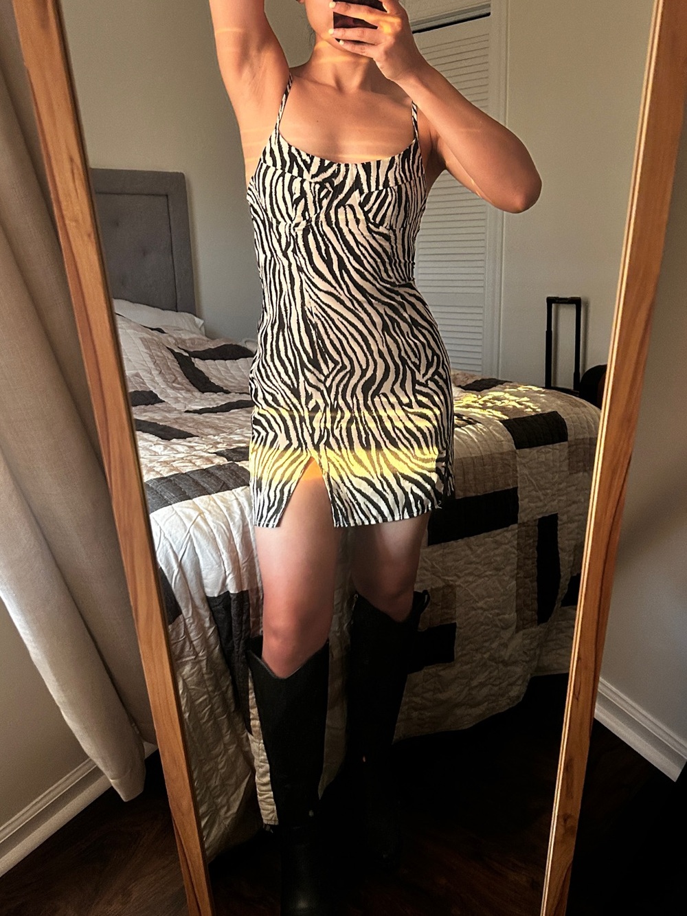 Sky to Moon Zebra Print Slip Dress with Front Slit - Black and White